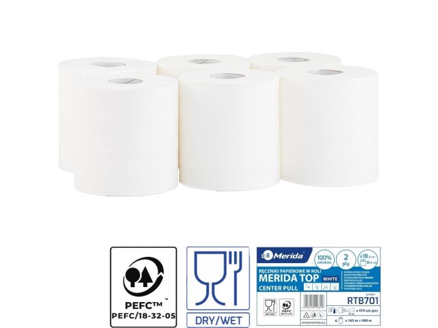 Ręczniki papierowe w roli, MERIDA TOP CENTER PULL MAXI, białe, średnica 18 cm, długość 165 m, dwuwarstwowe, zgrzewka 6 rolek